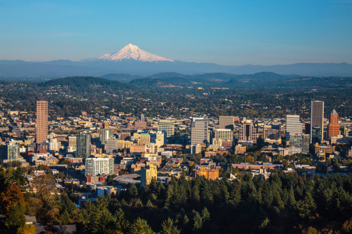 cityscape of portland oregon and mount hood in distance