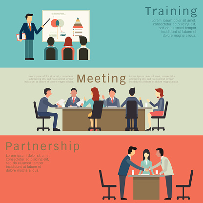 Set of business concept, training, meeting, agreement or partnership. Character of businesspeople, group, diverse, multi-ethnic. Simple and flat design.