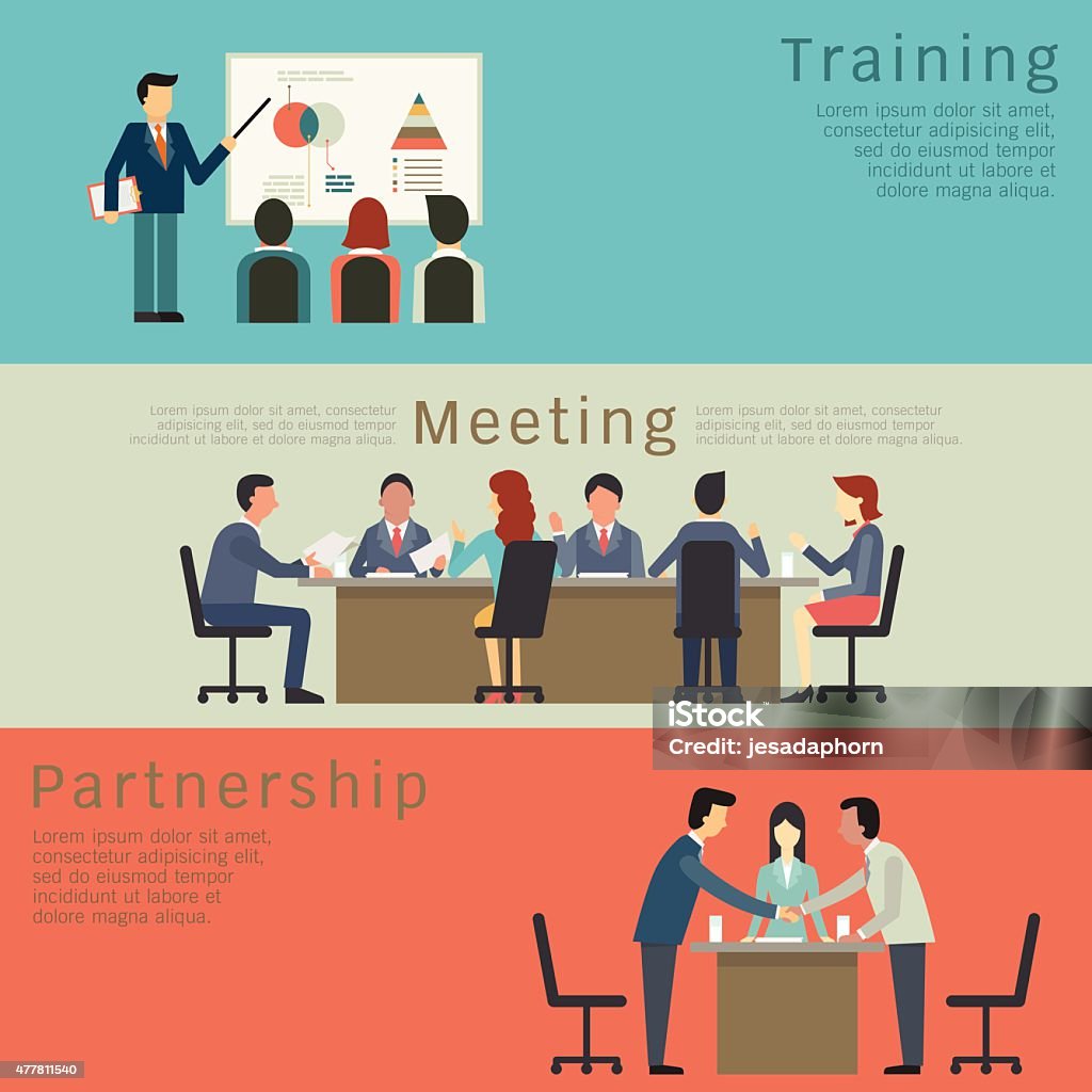 Business concept set Set of business concept, training, meeting, agreement or partnership. Character of businesspeople, group, diverse, multi-ethnic. Simple and flat design. Chalkboard - Visual Aid stock vector