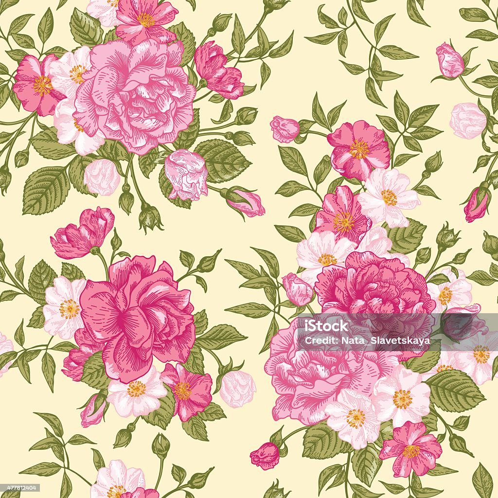 Romantic seamless pattern with  roses. Romantic seamless pattern with pink roses on a light background. Vector illustration. Dog Rose stock vector