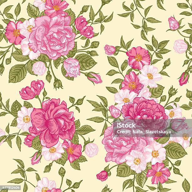 Romantic Seamless Pattern With Roses Stock Illustration - Download Image Now - Dog Rose, Illustration, Victorian Style