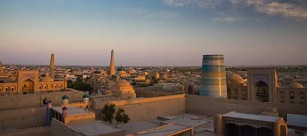 Sunset over Khiva (Uzbek: Xiva), a city along the Silk Road in the desert of Uzbekistan.