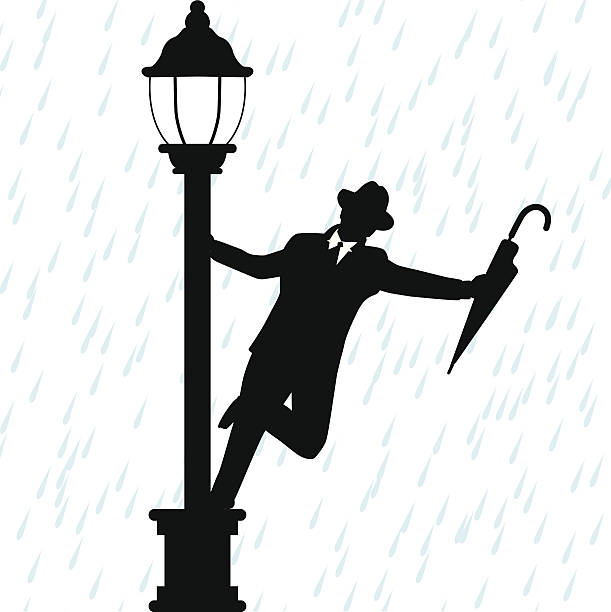 Dancing in the Rain Silhouette of a man dancing and singing in the rain. Files included – jpg, ai (version 8 and CS3), svg, and eps (version 8) rain silhouettes stock illustrations
