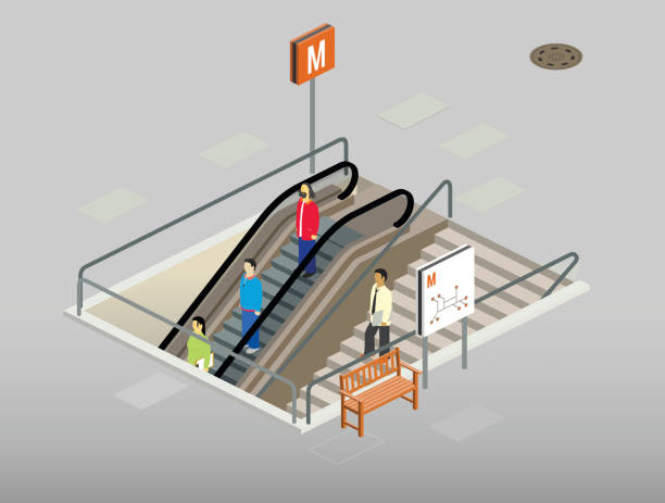 subway entrance metro entrance. 3 people go down wit an escalator, one uses the stairs. there is a bench and a map outside. 26.57° isometric projection. paris metro sign stock illustrations