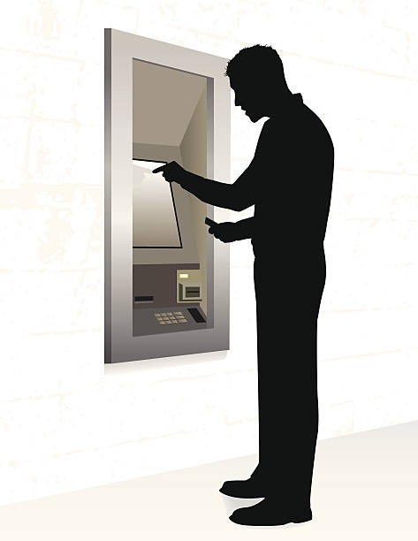 ATM Person withdrawing money from an ATM. Files included – jpg, ai (version 8 and CS3), svg, and eps (version 8) banking silhouettes stock illustrations