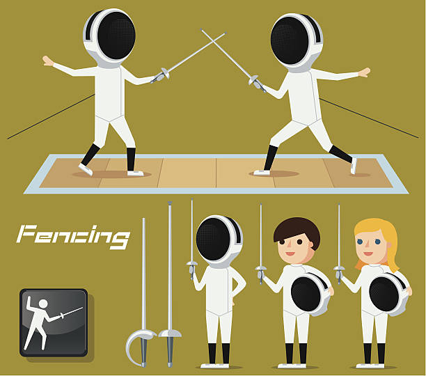 ilustraciones, imágenes clip art, dibujos animados e iconos de stock de esgrima - fencing sport athlete sword