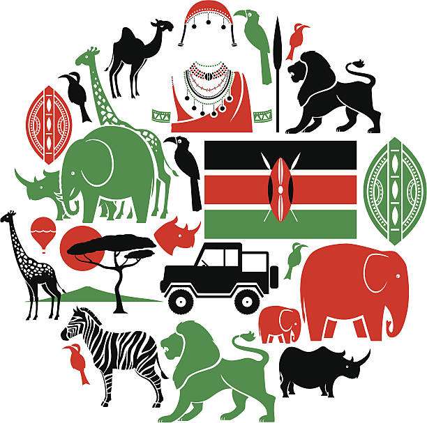 кения икона набор - masai mara national reserve lion africa kenya stock illustrations