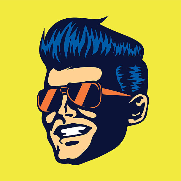 Vintage cool dude man face aviator sunglasses rockabilly haircut Vintage retro cool dude man face head wearing aviator sunglasses rockabilly pompadour haircut vector rockabilly hair men stock illustrations