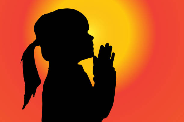 Vector silhouette of girl. Vector silhouette of girl who pray at sunset. church like a holy light from god stock illustrations