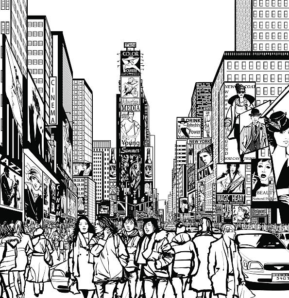 ilustraciones, imágenes clip art, dibujos animados e iconos de stock de interpretación de times square en nueva york - times square