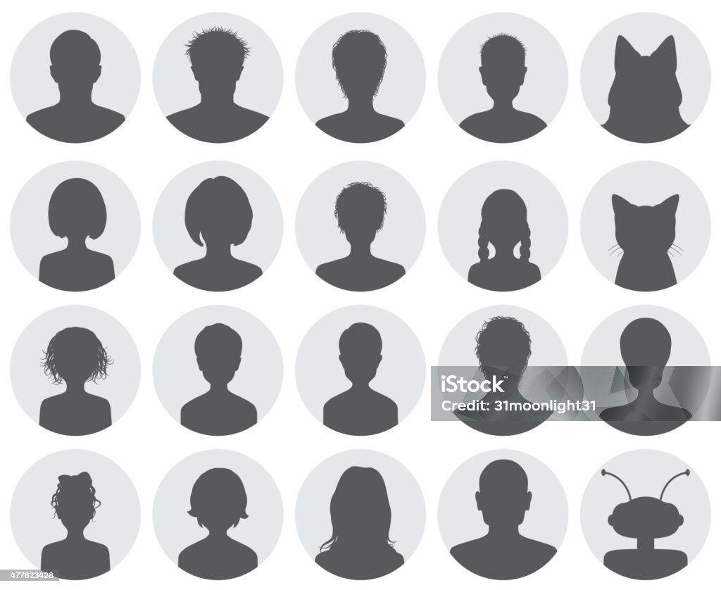 Set of avatars Set of twenty black and white avatars as silhouettes in circles. Vector illustrations. EPS10, JPG and AI10 are available In Silhouette stock vector