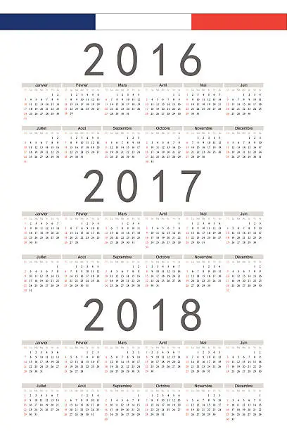 Vector illustration of Set of rectangle French 2016, 2017, 2018 year vector calendars