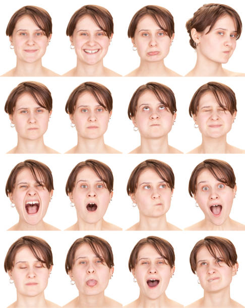 istock Expressive brown hair woman emotion set collection on white 477826255
