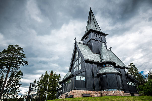 Holmenkollen Chapel is located at Holmenkollen in Oslo, Norway. The original chapel from 1903 was destroyed by fire in 1992. The new chapel was completed in 1996. Horizontal colour image with lots of room for copy space.