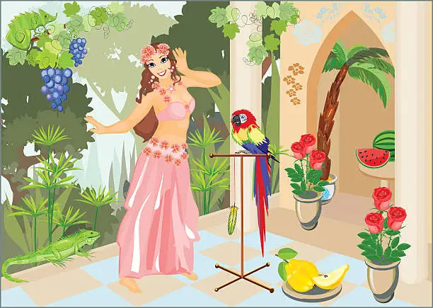 Vector illustration of Dancer belly dancing in pink dress on background of palace