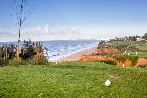 Algarve golf course seascape scenery, famous golf and nature destination, Portugal.