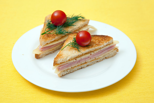 toast with cheese and ham on white plate