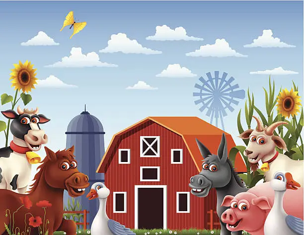 Vector illustration of Farm Scene with Animals