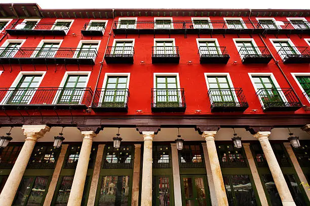 Porches and facade of the main square of Valladolid, Spain.