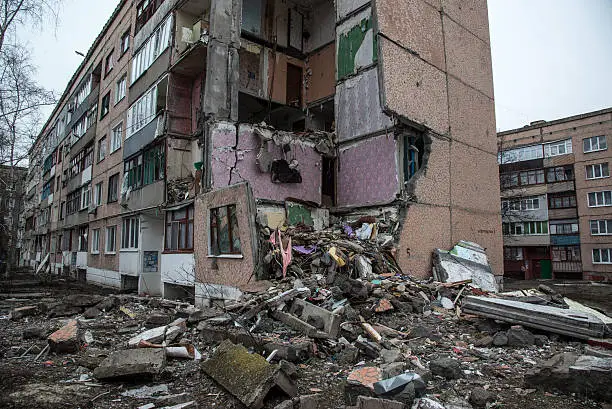 A residential building damaged by artillery in the rebel-held town of Pervomaisk, Luhansk Oblast, Eastern Ukraine.