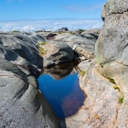 Slope of naked rock and a puddle at Verdens Ende, Tjøme Vestfold, Norway