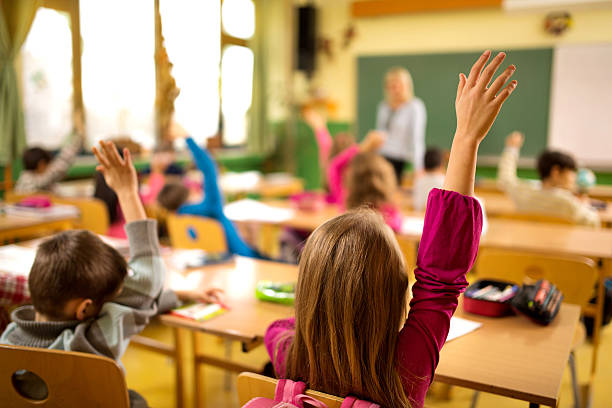 istock Rear view of elementary school children with raised arms. 477841504