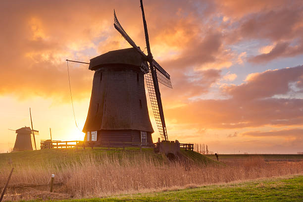 traditionnelle néerlandaise moulins à vent au lever du soleil dans les pays-bas - schermerhorn photos et images de collection