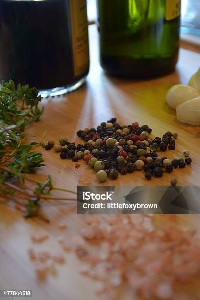 Oil Vinegar Salt Pepper Garlic And Thyme Stock Photo - Download Image Now - Thyme, Vinegar, 2015