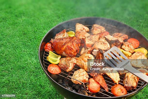 Assorted Bbq Roasted Pork And Chicken Meat With Vegetables Stock Photo - Download Image Now