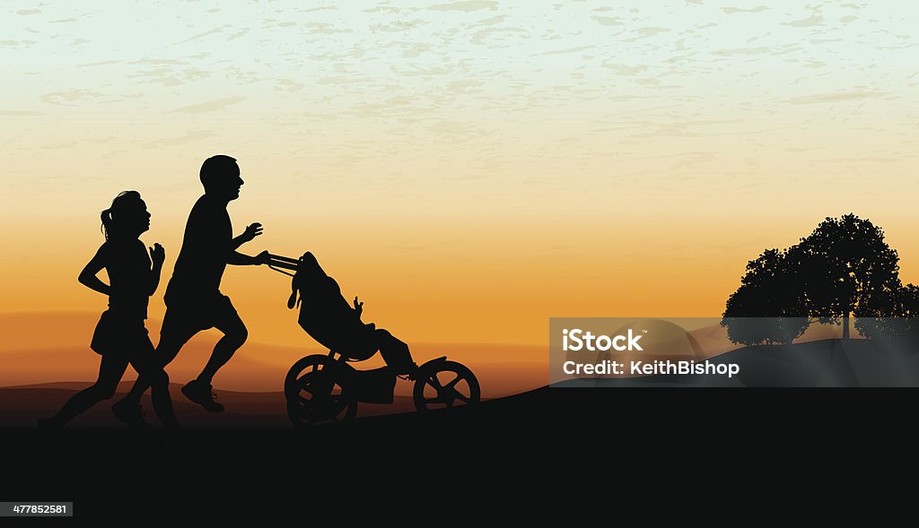 Casal Jogging, exercitar com Carrinho de Criança em crepúsculo de fundo - Royalty-free Homens arte vetorial
