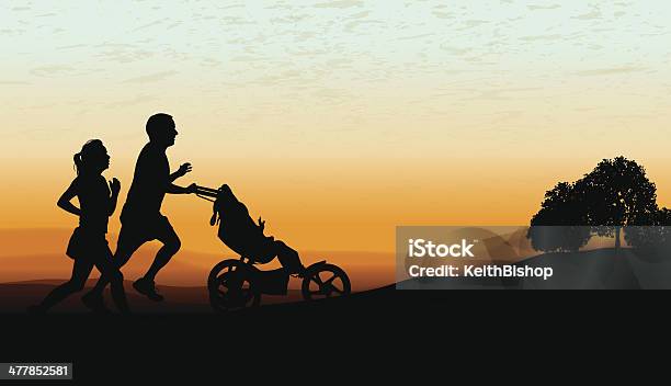 Casal Jogging Exercitar Com Carrinho De Criança Em Crepúsculo De Fundo - Arte vetorial de stock e mais imagens de Homens