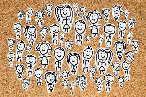 Community, group of people concept with sketch people on bulletin board