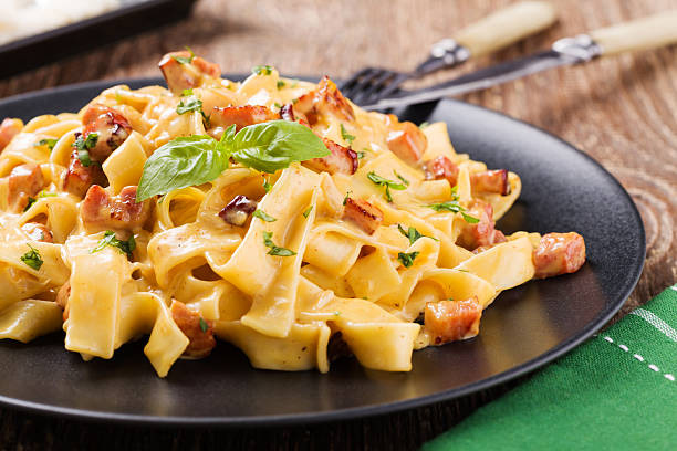 istock Pasta Carbonara with bacon, basil and cheese 477857242