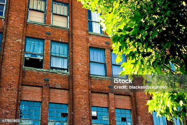 Photo libre de droit de Brique Rouge De Bâtiment Industriel Avec Arbre Lumineux De Premier Plan banque d'images et plus d'images libres de droit de A l'abandon