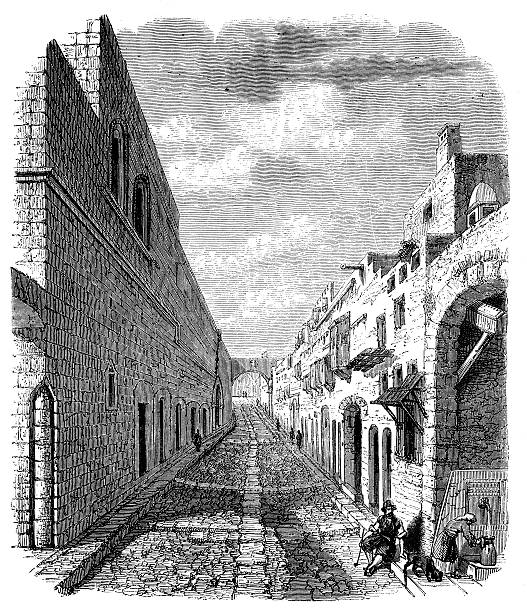 antikes illustration von knight street in rhodos - classical greek greek culture roman greece stock-grafiken, -clipart, -cartoons und -symbole