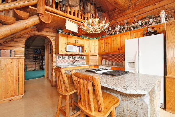istock Kitchen room in log cabin house 477861277