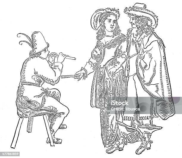 앤틱형 일러스트 커플입니다 및 플룻 Player 19세기 스타일에 대한 스톡 벡터 아트 및 기타 이미지 - 19세기 스타일, Performing Arts Event, 고전 양식