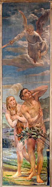 Verona - Eexpulsion of Adam and Eva from Paradise Verona - Fresco of expulsion of Adam and Eva from Paradise  by Agostino Pegrassi from year 1932 in San Bernardino church and Canossa chapel on January 27, 2013 in Verona, Italy. adam and eve painting stock illustrations