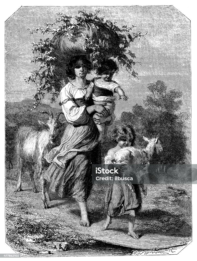 Antica illustrazione di donna agricoltore con i bambini - Illustrazione stock royalty-free di Capra - Ungulato