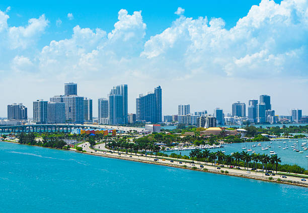Miami Cityscape View View of Downtown Miami Skyline and MacArthur Causeway north stock pictures, royalty-free photos & images
