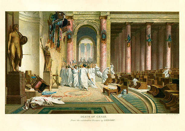 Assassination of Julius Caesar Vintage lithograph after Gerome, showing the death of Julius Caesar on the Ides of March 44BC, in the ancient Roman Senate. senate stock illustrations