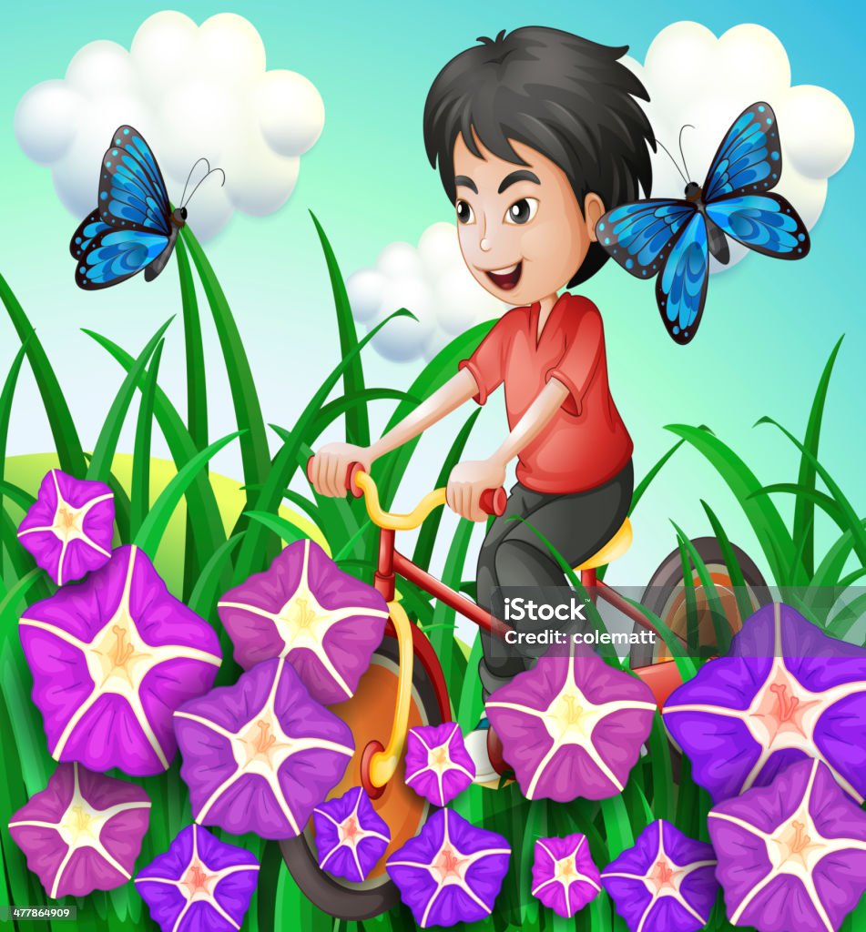 Garçon à vélo dans le jardin avec des fleurs et des papillons - clipart vectoriel de Adolescent libre de droits