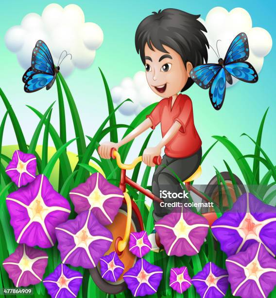 남자아이 자전거 정원 꽃 및 나비 곤충에 대한 스톡 벡터 아트 및 기타 이미지 - 곤충, 구름, 긴