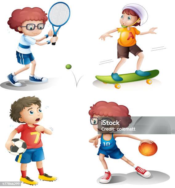 Vier Jungen Durch Verschiedene Sportarten Stock Vektor Art und mehr Bilder von Aktivitäten und Sport - Aktivitäten und Sport, Athlet, Auf und ab springen