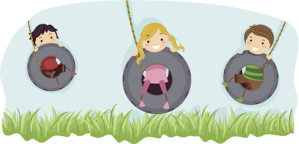 Cute children playing on tire swings Cute group of children playing on tire swings. tire swing stock illustrations