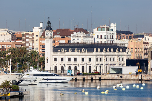 Historic Port Authority building at the old harbor of Valencia, Spain
