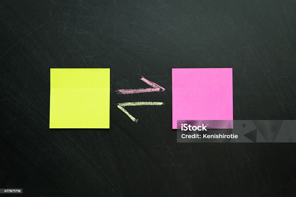 Blank notes on blackboard Two blank notes on blackboard with arrows forward and backward 2015 Stock Photo