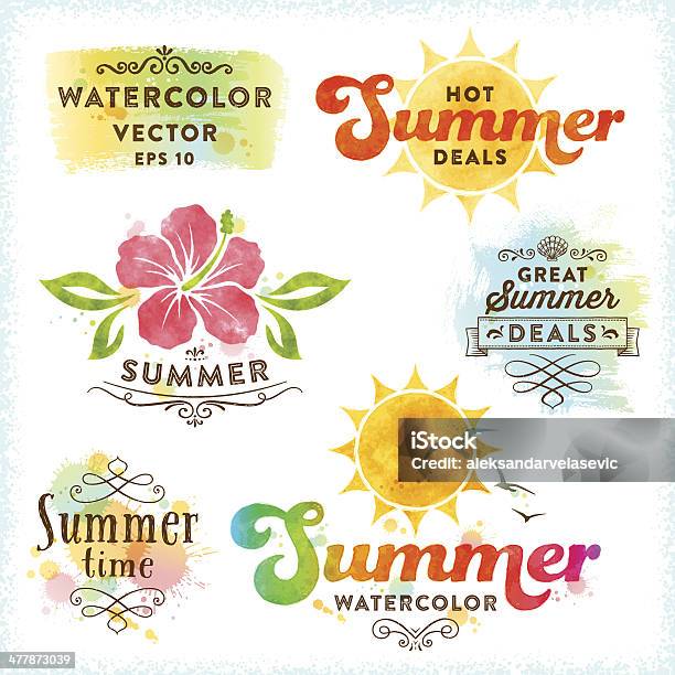 Summer Watercolor Design Elements Stock Illustration - Download Image Now - Hibiscus, Vector, Watercolor Painting