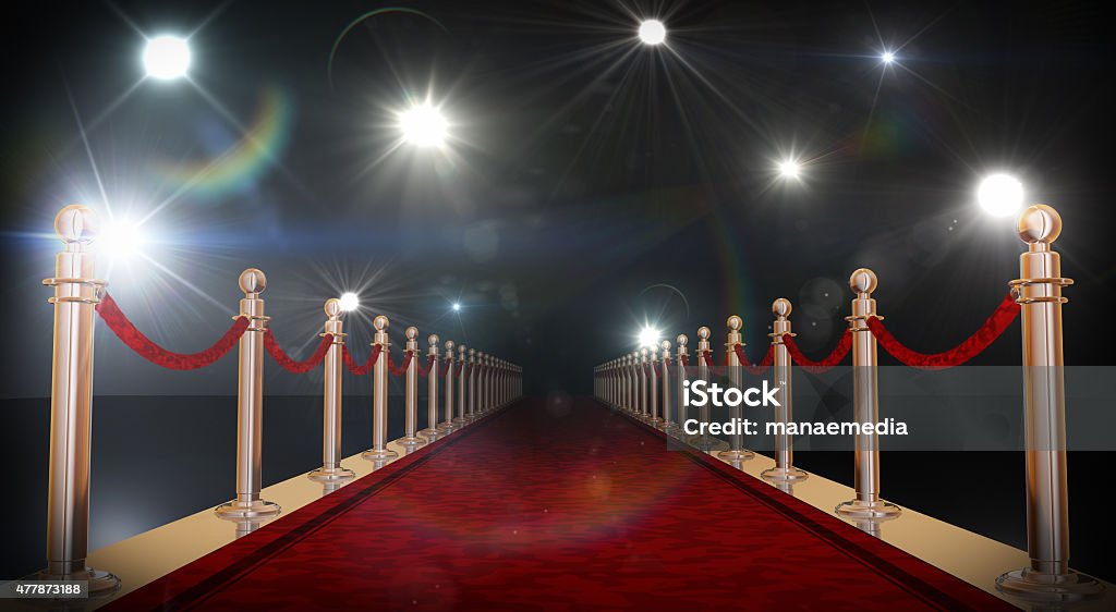 Red carpet Red carpet with gold barriers, velvet ropes and flashlights in the background. 3D rendering in 16bit. Red Carpet Event Stock Photo