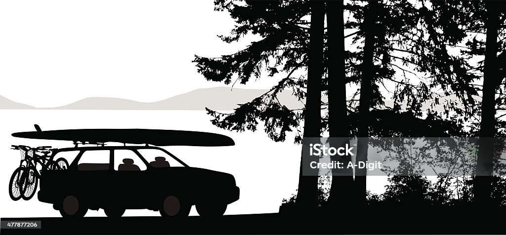 Campground Checking In Vector silhouette illustration of a car loaded with bicycles and paddle board.  The car is parked by a lake and has silhouettes of tall pines next to it. Car stock vector